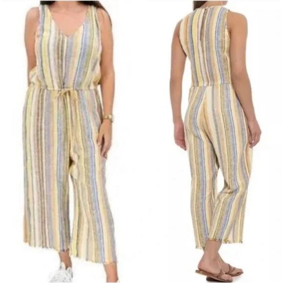 Anthropologie Drew Yellow Striped Linen Frayed Hem Straight Leg Jumpsuit Small - Picture 1 of 8